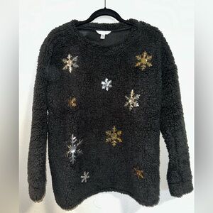 Time And Tru Fleece Christmas Gold And Silver Sequin Snowflake Women's Medium